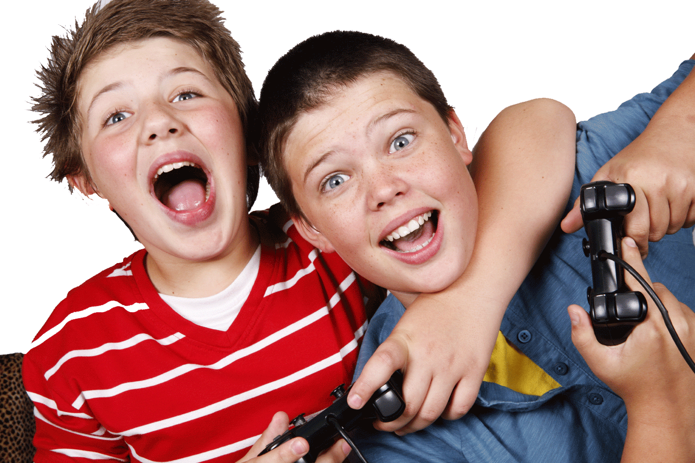Two excited kids playing video games