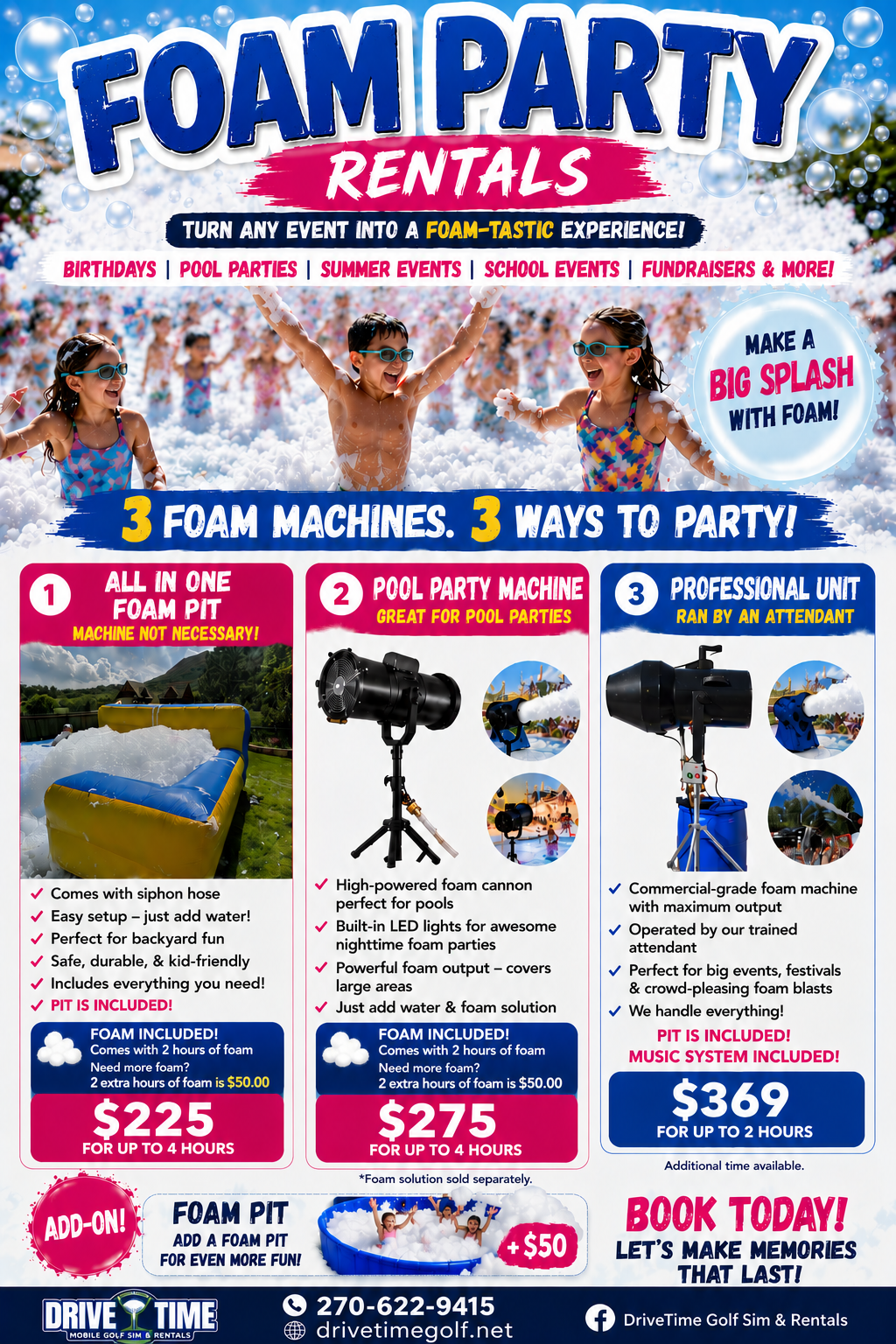 DriveTime Foam Party Rentals — Pool Party Foam Machine, $275 for up to 4 hours, Bowling Green KY