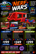 Nerf Wars battle packages flyer — 40x20x8.8 ft inflatable arena, Basic Battle $199, Premium Battle $249, Ultimate Battle $299, BattleCam with Live TV $49 add-on