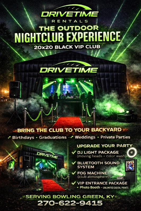 DriveTime Outdoor Nightclub Experience - 20x20 Black VIP Club with DJ lights and fog